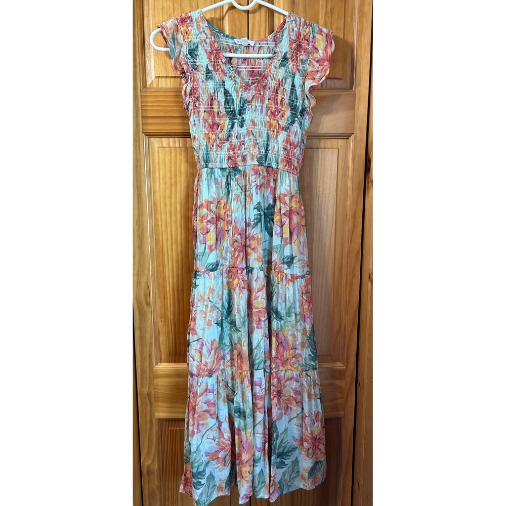 By The River Women's Multicolor Midi Dress Ruffle Sleeve Flowy Cottagecore Small
